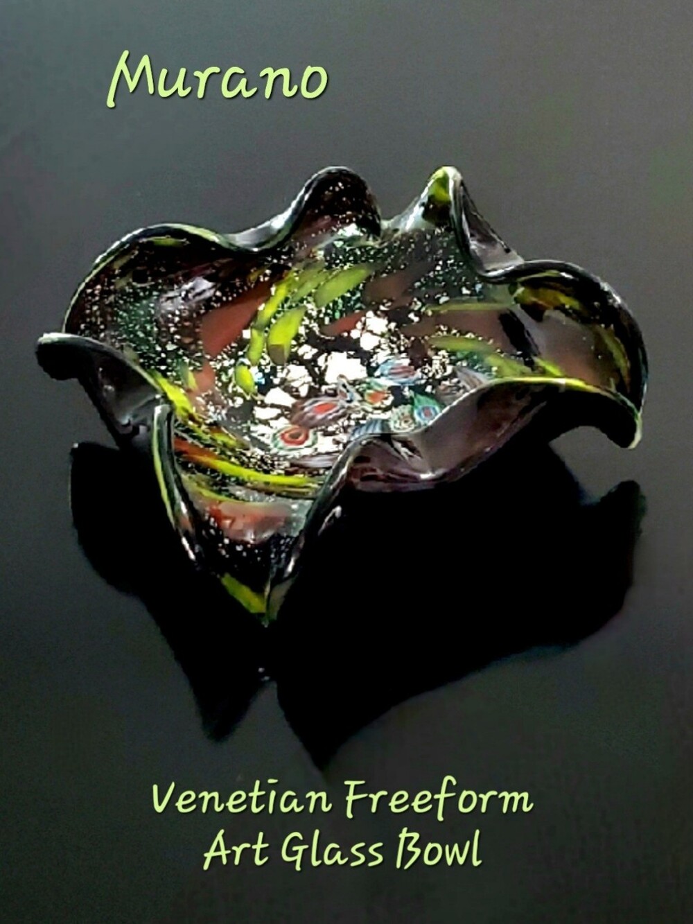 Murano Black Amethyst AKA "Tutti Frutti" 10" Diameter/8" Square Art Glass Bowl